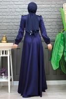 Tesettür giyim LACİVERT KEMERLİ DRAPE DETAYLI SATEN ABİYE ELBİSE T 2973