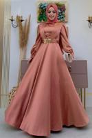 Tesettür giyim PEMBE KEMERLİ DRAPE DETAYLI SATEN ABİYE ELBİSE T 2973