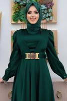 Tesettür giyim YEŞİL KEMERLİ DRAPE DETAYLI SATEN ABİYE ELBİSE T 2973