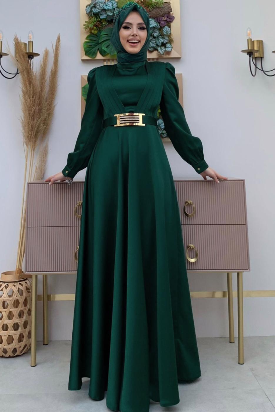 Tesettür giyim YEŞİL KEMERLİ DRAPE DETAYLI SATEN ABİYE ELBİSE T 2973