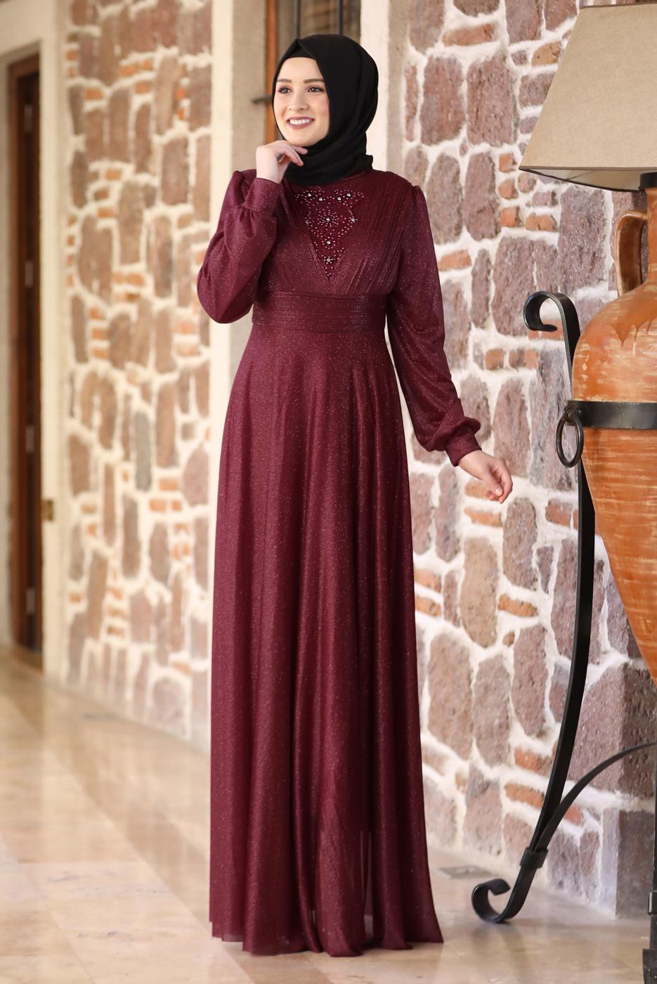 Tesettür giyim KIRMIZI TAŞ VE BONCUK DETAYLI SİMLİ ABİYE ELBİSE T 3253