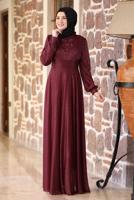 Tesettür giyim KIRMIZI TAŞ VE BONCUK DETAYLI SİMLİ ABİYE ELBİSE T 3253