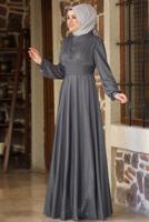 Tesettür giyim GRİ TAŞ VE BONCUK DETAYLI SİMLİ ABİYE ELBİSE T 3253