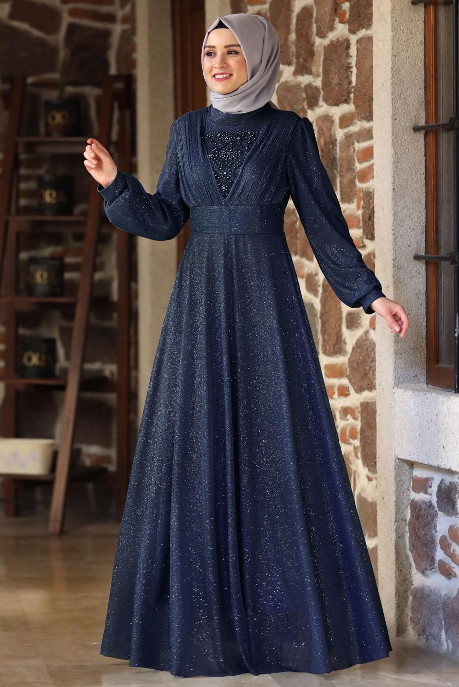 Tesettür giyim LACİVERT TAŞ VE BONCUK DETAYLI SİMLİ ABİYE ELBİSE T 3253