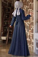 Tesettür giyim LACİVERT TAŞ VE BONCUK DETAYLI SİMLİ ABİYE ELBİSE T 3253