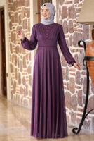 Tesettür giyim MÜRDÜM TAŞ VE BONCUK DETAYLI SİMLİ ABİYE ELBİSE T 3253