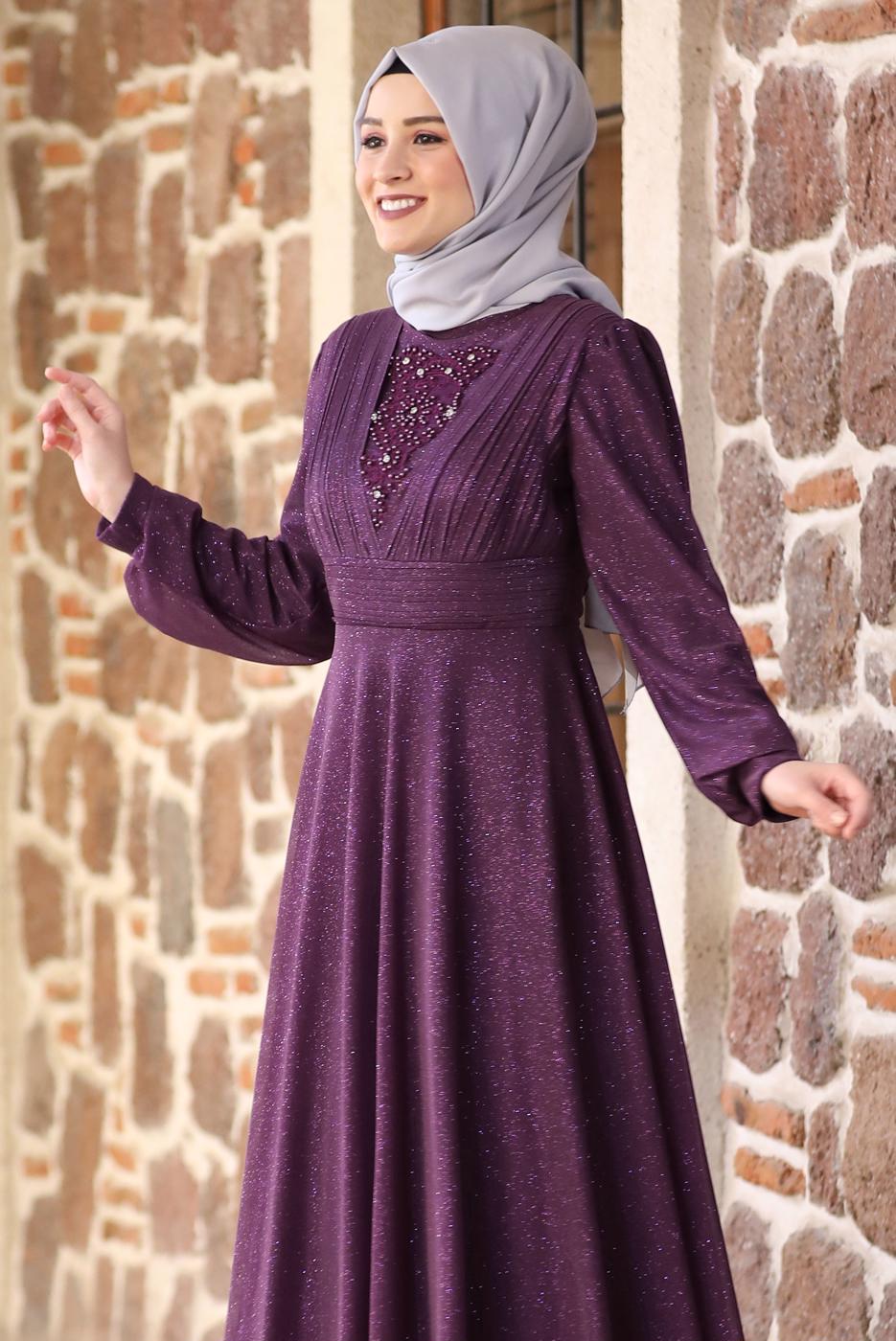 Tesettür giyim MÜRDÜM TAŞ VE BONCUK DETAYLI SİMLİ ABİYE ELBİSE T 3253