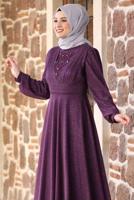 Tesettür giyim MÜRDÜM TAŞ VE BONCUK DETAYLI SİMLİ ABİYE ELBİSE T 3253