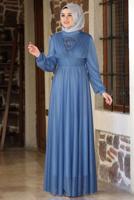 Tesettür giyim LACİVERT TAŞ VE BONCUK DETAYLI SİMLİ ABİYE ELBİSE T 3253