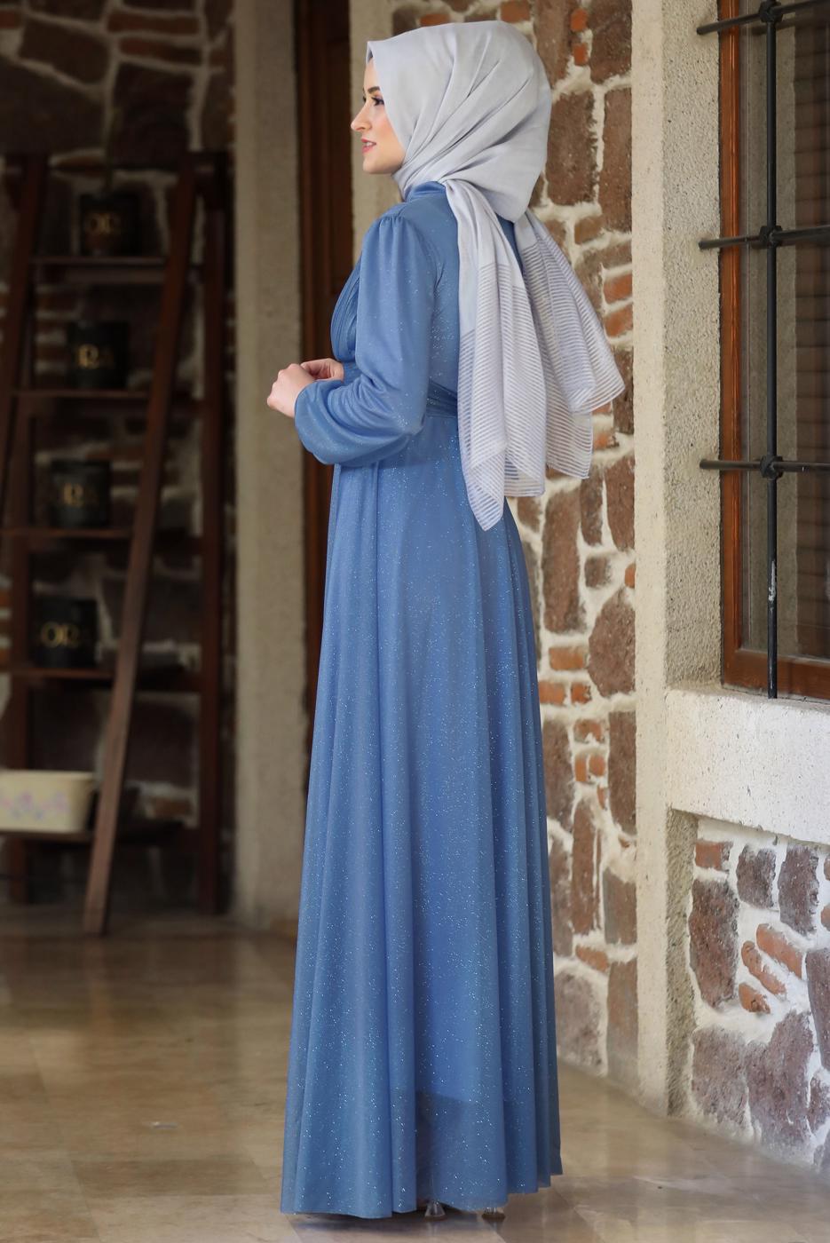Tesettür giyim LACİVERT TAŞ VE BONCUK DETAYLI SİMLİ ABİYE ELBİSE T 3253