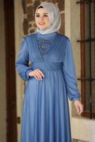 Tesettür giyim LACİVERT TAŞ VE BONCUK DETAYLI SİMLİ ABİYE ELBİSE T 3253