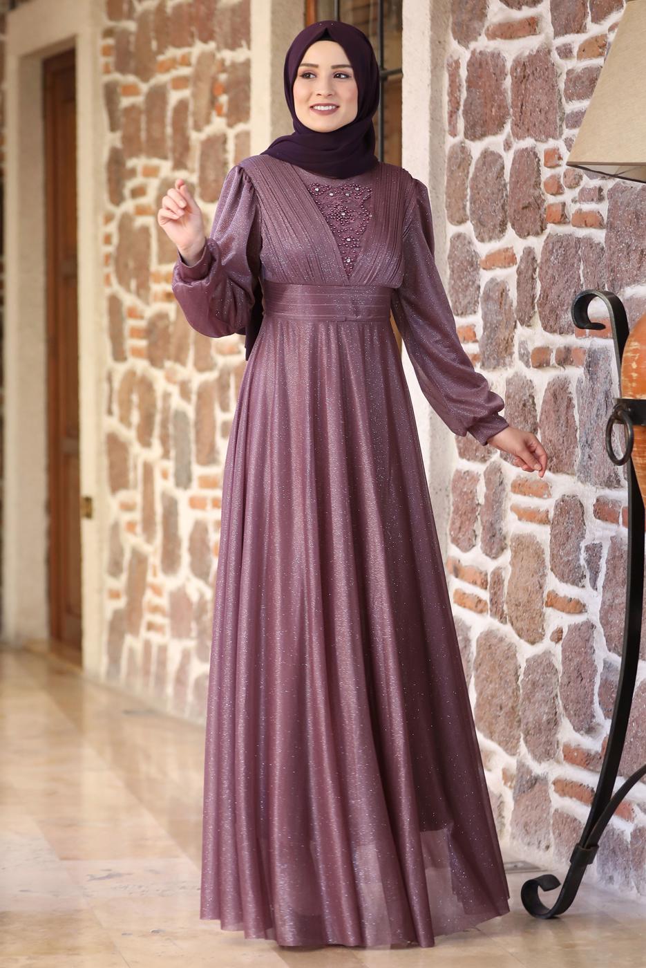 Tesettür giyim PEMBE TAŞ VE BONCUK DETAYLI SİMLİ ABİYE ELBİSE T 3253