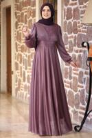 Tesettür giyim PEMBE TAŞ VE BONCUK DETAYLI SİMLİ ABİYE ELBİSE T 3253