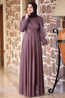 Tesettür giyim PEMBE TAŞ VE BONCUK DETAYLI SİMLİ ABİYE ELBİSE T 3253