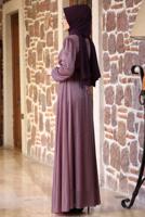 Tesettür giyim PEMBE TAŞ VE BONCUK DETAYLI SİMLİ ABİYE ELBİSE T 3253