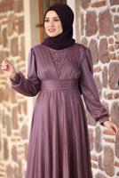 Tesettür giyim PEMBE TAŞ VE BONCUK DETAYLI SİMLİ ABİYE ELBİSE T 3253