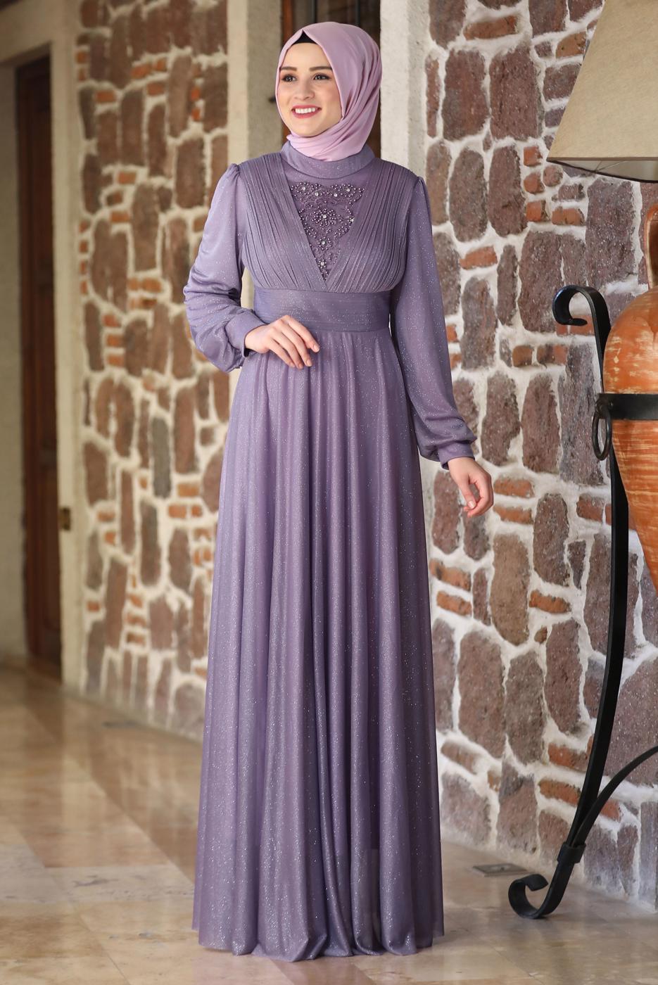 Tesettür giyim MOR TAŞ VE BONCUK DETAYLI SİMLİ ABİYE ELBİSE T 3253