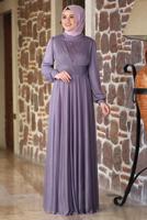 Tesettür giyim MOR TAŞ VE BONCUK DETAYLI SİMLİ ABİYE ELBİSE T 3253