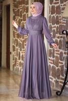 Tesettür giyim MOR TAŞ VE BONCUK DETAYLI SİMLİ ABİYE ELBİSE T 3253