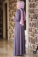 Tesettür giyim MOR TAŞ VE BONCUK DETAYLI SİMLİ ABİYE ELBİSE T 3253