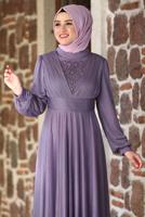 Tesettür giyim MOR TAŞ VE BONCUK DETAYLI SİMLİ ABİYE ELBİSE T 3253