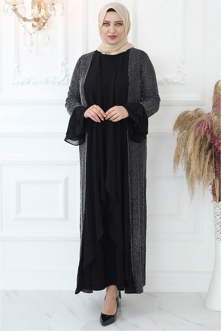 Tesettür giyim GRİ MANŞETLERİ VOLANLI CEKETLİ İKİLİ ABİYE ELBİSE T 3533