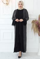 Tesettür giyim GRİ MANŞETLERİ VOLANLI CEKETLİ İKİLİ ABİYE ELBİSE T 3533