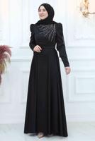 Tesettür giyim SİYAH ÖNÜ PİLİSE DETAYLI TAŞLI ABİYE ELBİSE T 3553