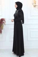 Tesettür giyim SİYAH ÖNÜ PİLİSE DETAYLI TAŞLI ABİYE ELBİSE T 3553