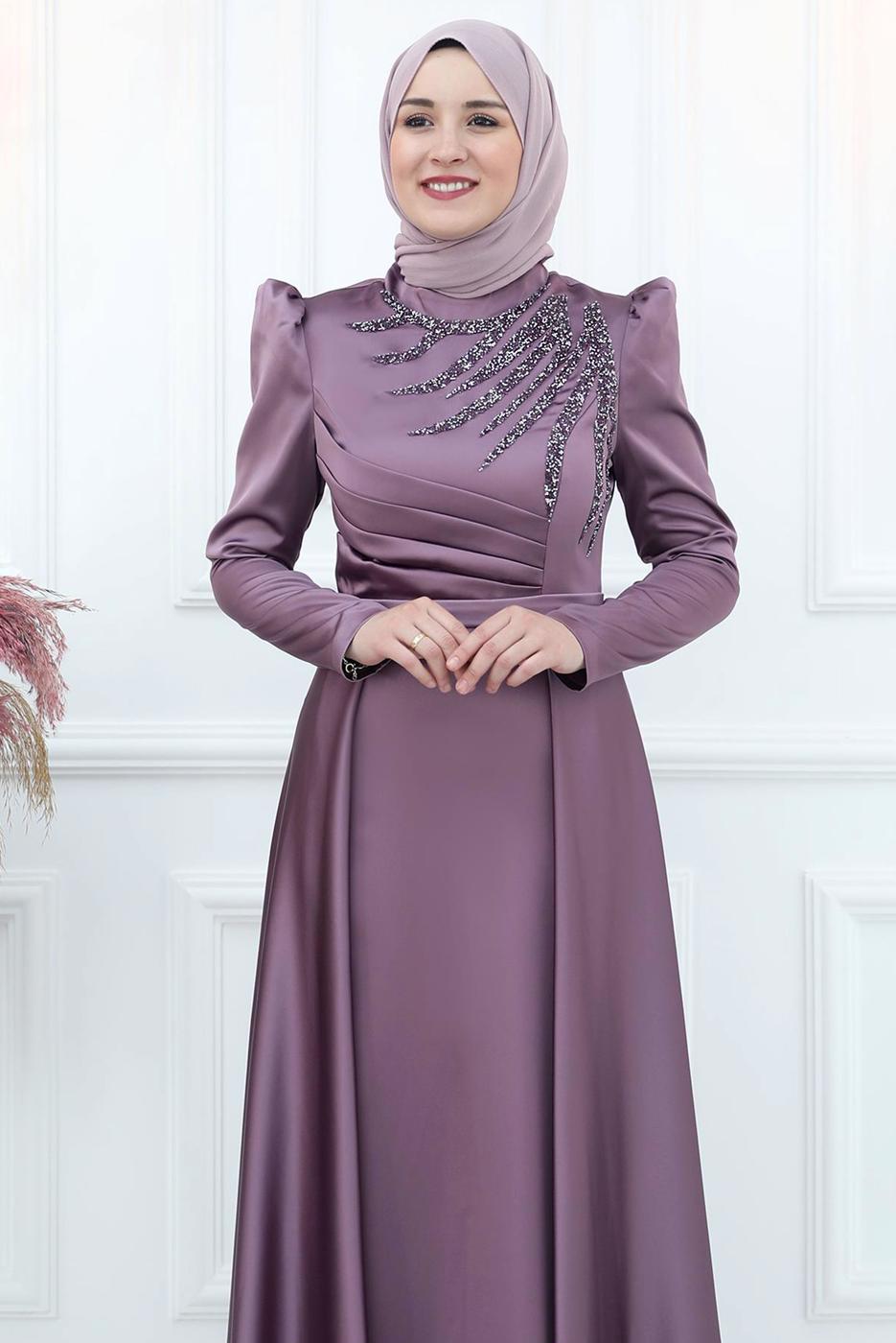 Tesettür giyim MOR ÖNÜ PİLİSE DETAYLI TAŞLI ABİYE ELBİSE T 3553