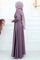 Tesettür giyim MOR ÖNÜ PİLİSE DETAYLI TAŞLI ABİYE ELBİSE T 3553