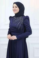 Tesettür giyim LACİVERT ÖNÜ PİLİSE DETAYLI TAŞLI ABİYE ELBİSE T 3553