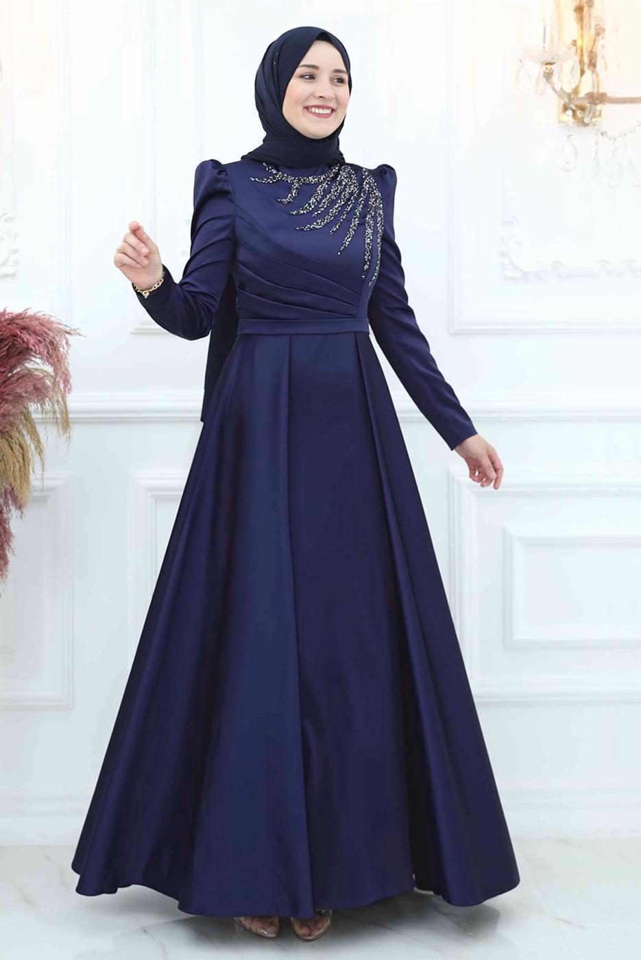 Tesettür giyim LACİVERT ÖNÜ PİLİSE DETAYLI TAŞLI ABİYE ELBİSE T 3553
