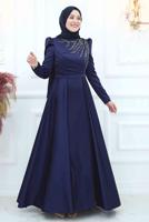 Tesettür giyim LACİVERT ÖNÜ PİLİSE DETAYLI TAŞLI ABİYE ELBİSE T 3553