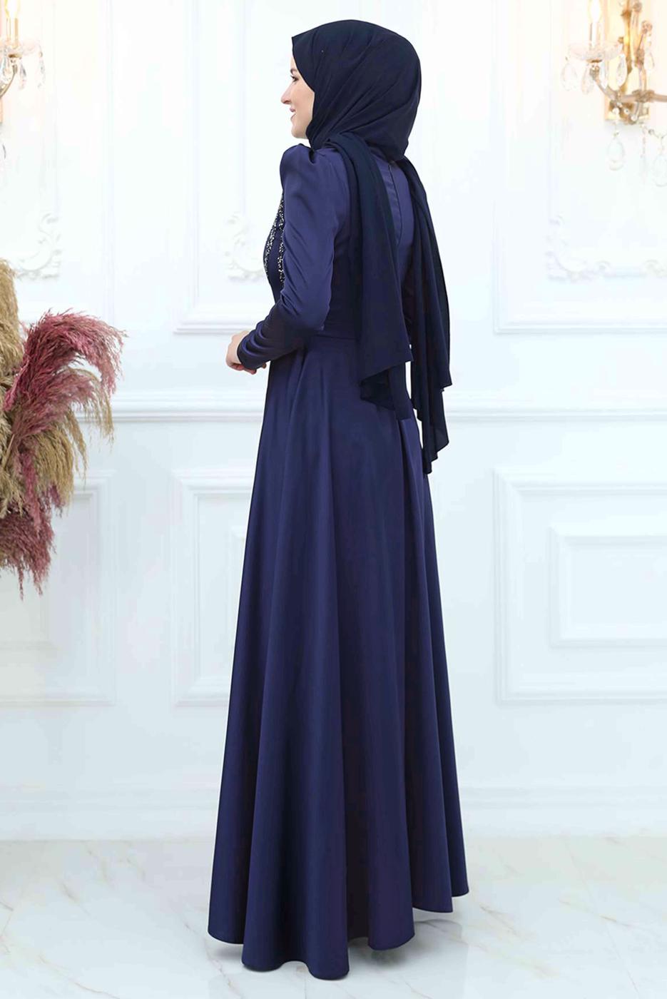 Tesettür giyim LACİVERT ÖNÜ PİLİSE DETAYLI TAŞLI ABİYE ELBİSE T 3553