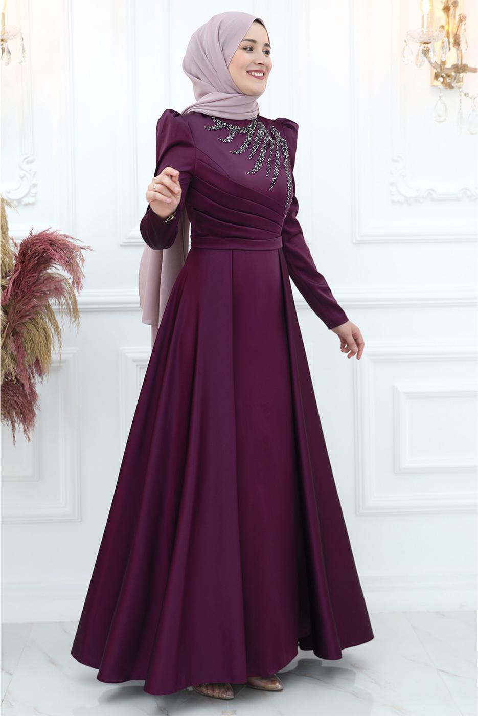 Tesettür giyim MÜRDÜM ÖNÜ PİLİSE DETAYLI TAŞLI ABİYE ELBİSE T 3553