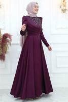 Tesettür giyim MÜRDÜM ÖNÜ PİLİSE DETAYLI TAŞLI ABİYE ELBİSE T 3553