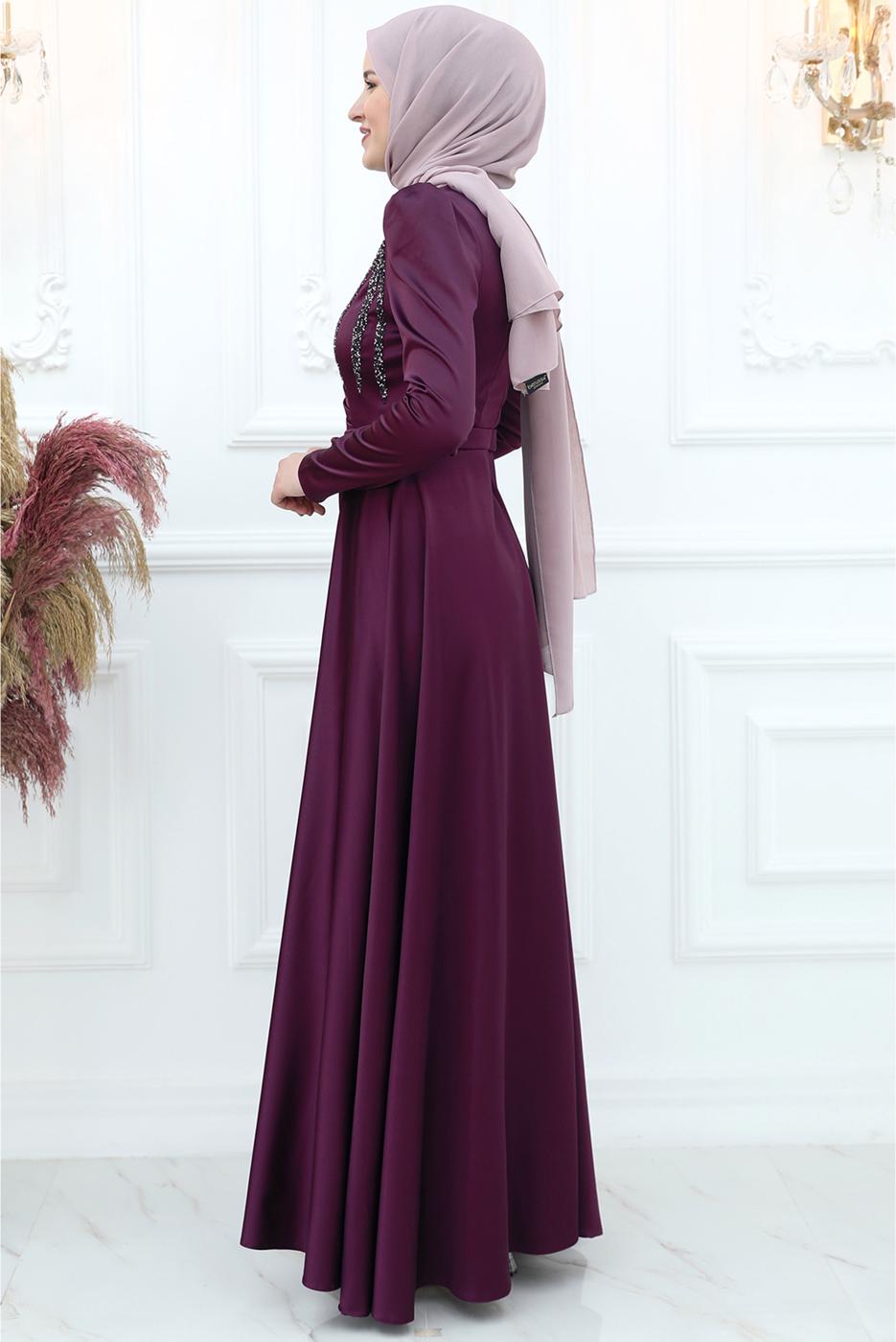 Tesettür giyim MÜRDÜM ÖNÜ PİLİSE DETAYLI TAŞLI ABİYE ELBİSE T 3553