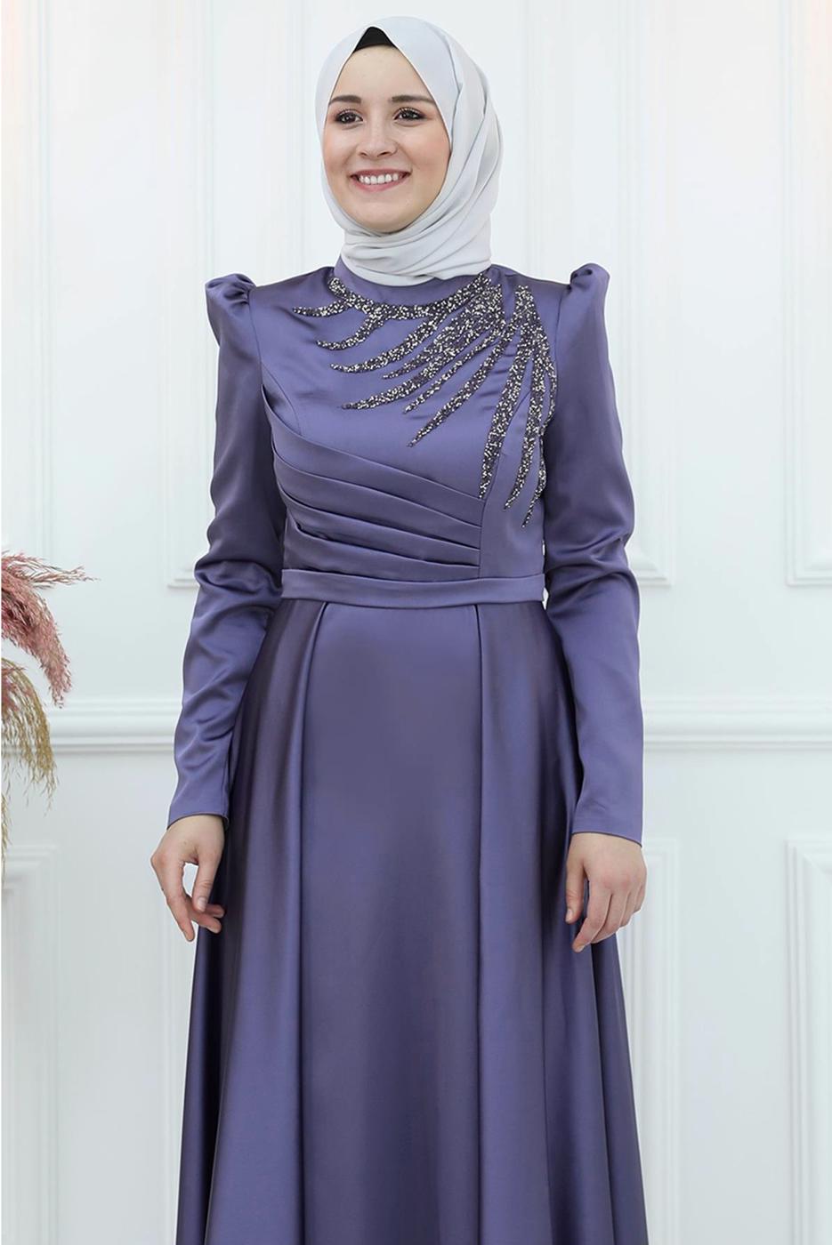 Tesettür giyim LACİVERT ÖNÜ PİLİSE DETAYLI TAŞLI ABİYE ELBİSE T 3553