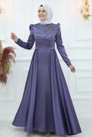 Tesettür giyim LACİVERT ÖNÜ PİLİSE DETAYLI TAŞLI ABİYE ELBİSE T 3553