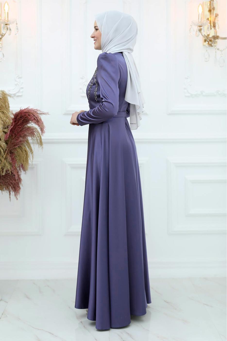 Tesettür giyim LACİVERT ÖNÜ PİLİSE DETAYLI TAŞLI ABİYE ELBİSE T 3553