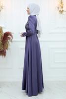 Tesettür giyim LACİVERT ÖNÜ PİLİSE DETAYLI TAŞLI ABİYE ELBİSE T 3553