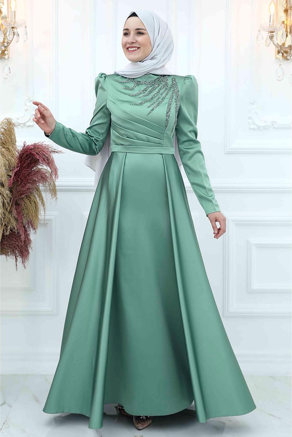 Tesettür giyim YEŞİL ÖNÜ PİLİSE DETAYLI TAŞLI ABİYE ELBİSE T 3553