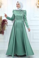 Tesettür giyim YEŞİL ÖNÜ PİLİSE DETAYLI TAŞLI ABİYE ELBİSE T 3553