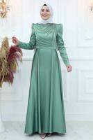 Tesettür giyim YEŞİL ÖNÜ PİLİSE DETAYLI TAŞLI ABİYE ELBİSE T 3553