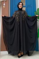 Tesettür giyim SİYAH PUL PAYET İŞLEMELİ PELERİNLİ ABİYE ELBİSE T 3773