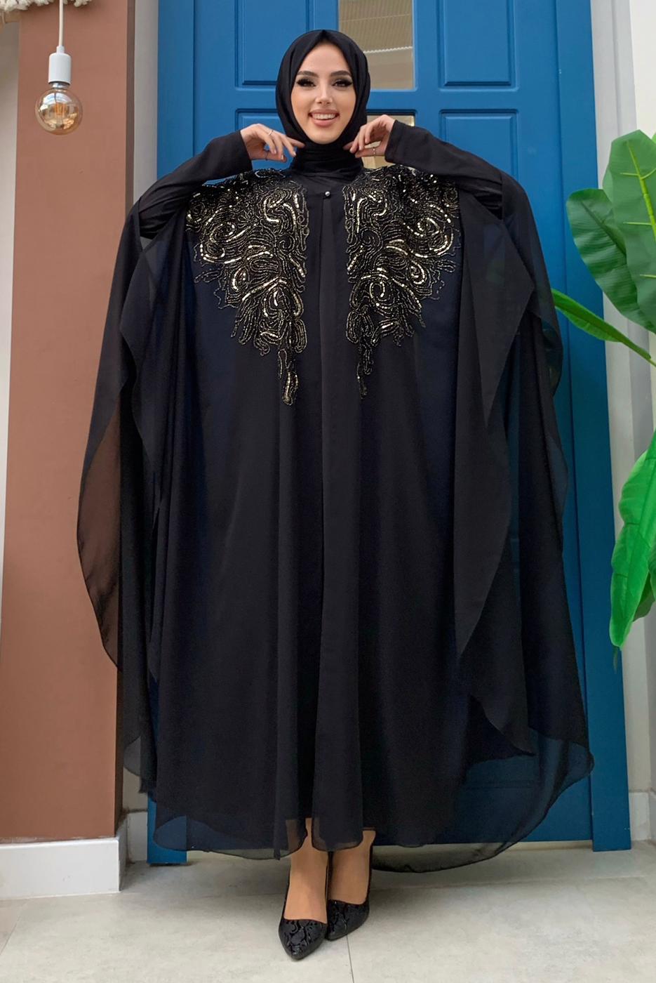 Tesettür giyim SİYAH PUL PAYET İŞLEMELİ PELERİNLİ ABİYE ELBİSE T 3773