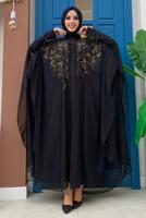 Tesettür giyim SİYAH PUL PAYET İŞLEMELİ PELERİNLİ ABİYE ELBİSE T 3773