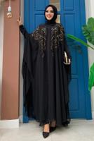 Tesettür giyim SİYAH PUL PAYET İŞLEMELİ PELERİNLİ ABİYE ELBİSE T 3773