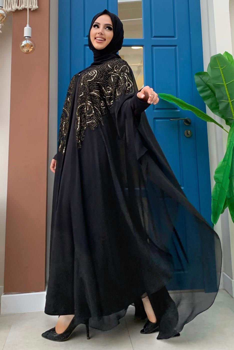 Tesettür giyim SİYAH PUL PAYET İŞLEMELİ PELERİNLİ ABİYE ELBİSE T 3773